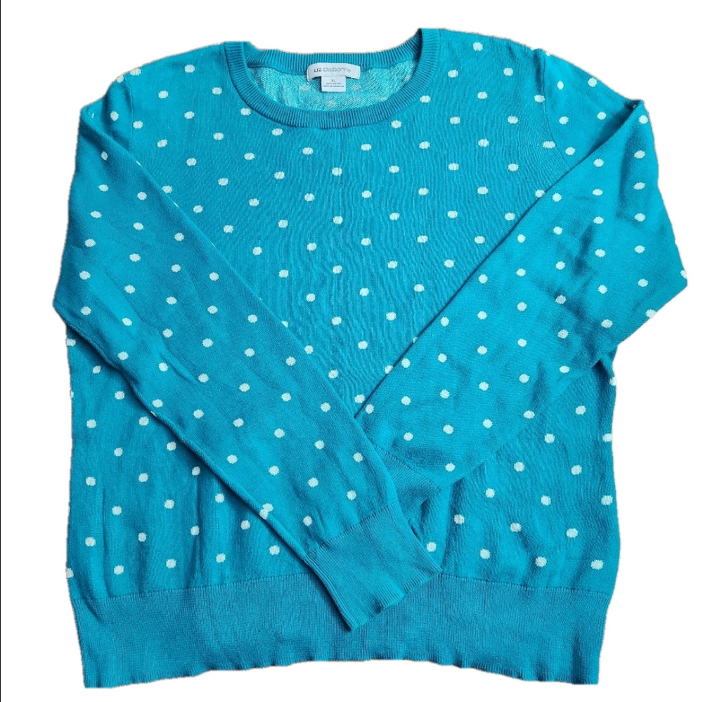 Liz Claiborne teal blue/green and white polka dot sweater women's XL 100% cotton